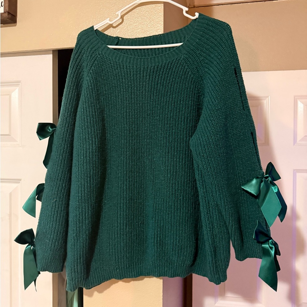 SHEIN Teal Sweater with Ribbon Accents